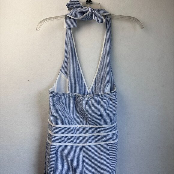 Lauren James jumpsuit Women's S Farrah Halter Neck blue seersucker flare NWT - Picture 4 of 6